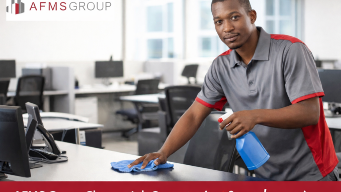 AFMS Group Cleaner performing professional office cleaning duties in a corporate environment