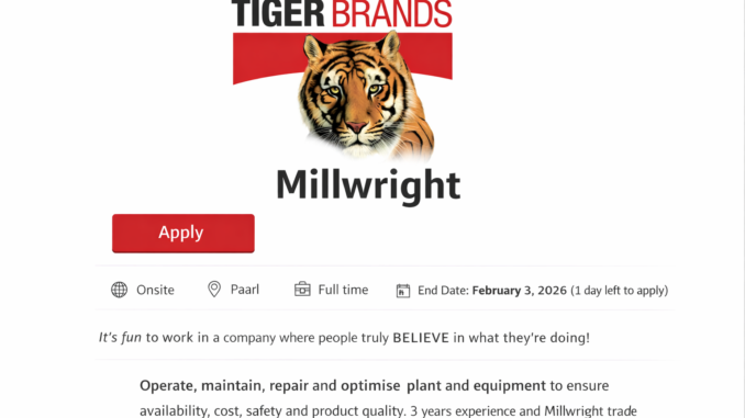 Tiger Brands Millwright maintaining industrial machinery in a food manufacturing plant