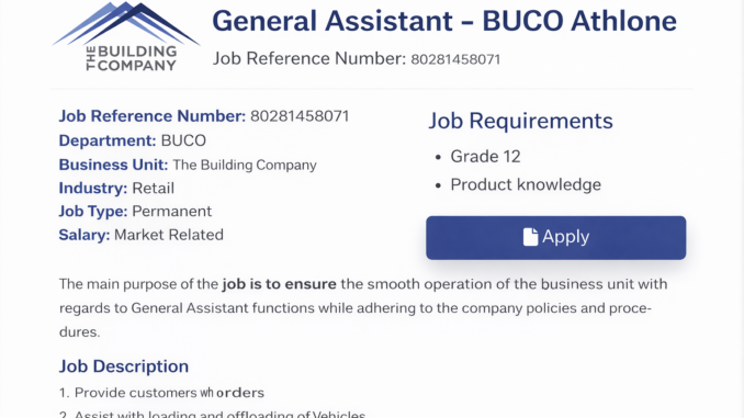 The Building Company General Assistant job opportunity at BUCO Athlone retail store